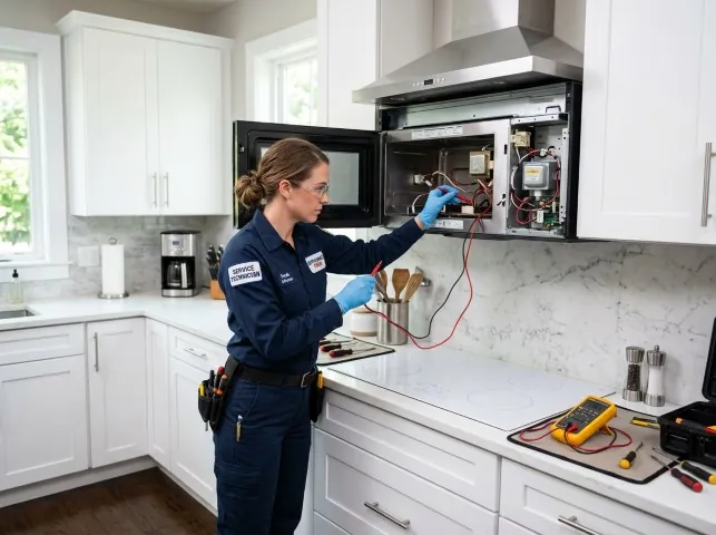 Appliance Repair Hero technician testing an over-the-range microwave in a Burkburnett, TX kitchen